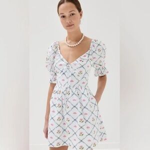 Hill House White Mini Dress with Pink & Green Floral Lattice